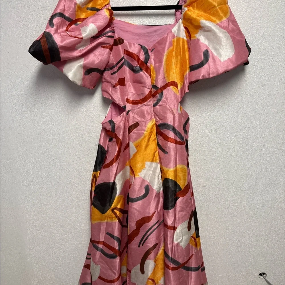 Aureta Studio Pink Abstract Puff Sleeve Cutout Midi Dress NWT Size S Anthro - Picture 6 of 12
